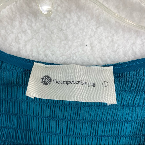 The impeccable pig teal blue smocked stretch ruffle dress. Size Large - Picture 7 of 8